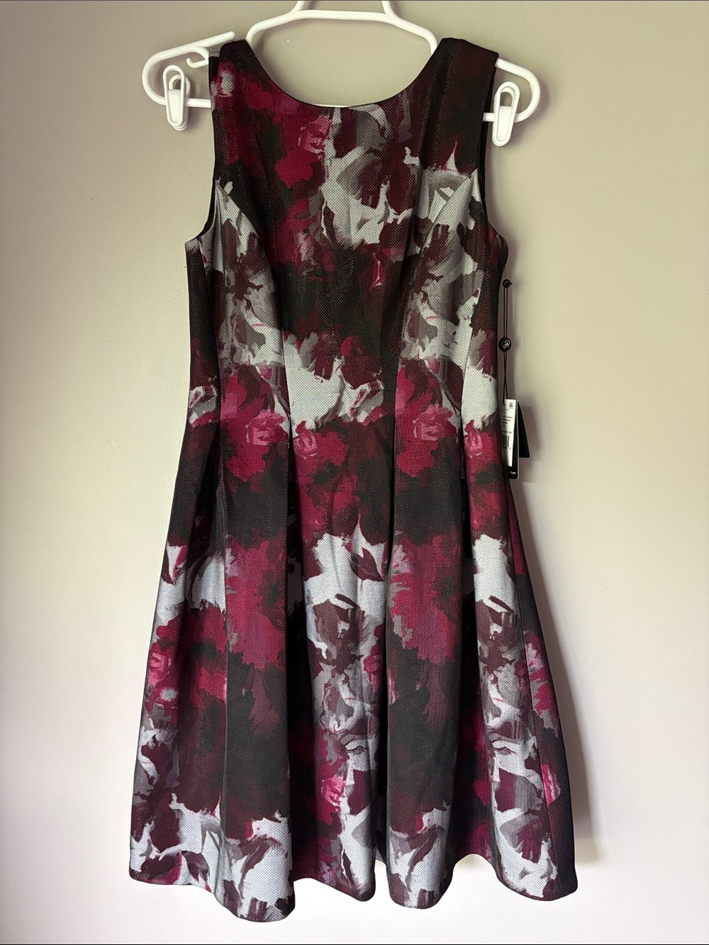 Adrianna Papell Burgundy/Grey/Black Floral Print Bateau Neck Fit & Flare Dress